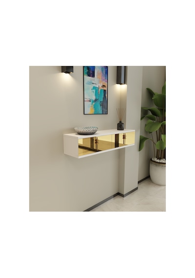 Skyn 90 Cm Kapaklı Raflı Duvara Monte Dresuar Makyaj Masası Beyaz - Altın Beyaz - Altın Skyn 90 Cm Kapaklı Raflı Duvara Monte Dresuar Makyaj Masası Beyaz - Altın Beyaz - Altın
