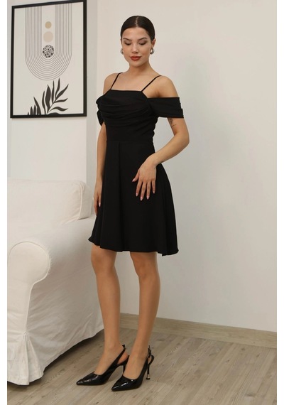 Lodmela Drape Detaylı Askılı Midi Elbise 2380-siyah Siyah