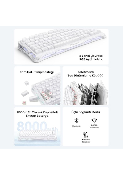 Gravastar Mercury K1 Kablosuz Mekanik Gaming İngilizce Q Klavye Ve M2 Kablosuz Optik Mouse Seti, Opa