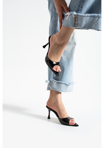Apelles Shoes Kadın Rugan İnce Topuklu Sivri Burun Terlik Siyah
