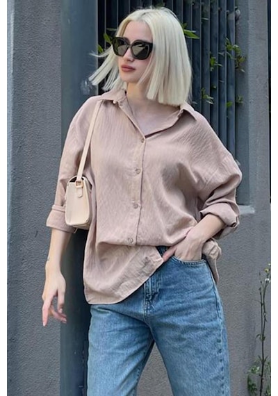 Madmext Bej Uzun Kollu Çizgili Oversize Gömlek Mg2080-bej Bej