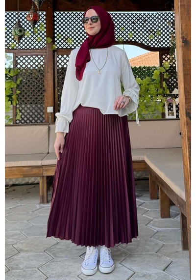 Rabia Şamlı Eliz Bordo Plise Etek Normal