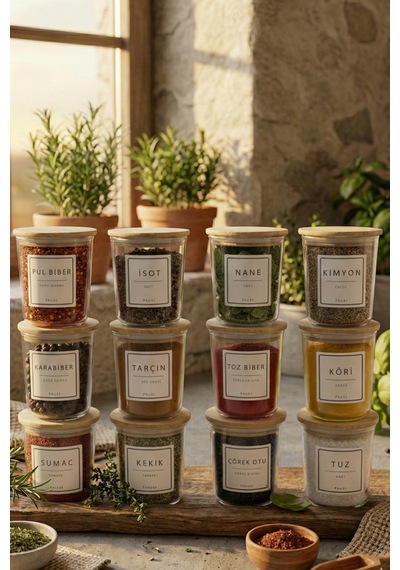 Motto - 12'li Bambu Vakum Kapaklı Etiket Hediyeli Cam Saklama Kabı Baharatlık Seti 315 Ml Diğer