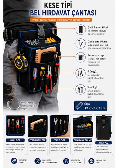 Bel Tipi Alet Çantası Hırdavat Çantası Çivi Vida Dübel Kesesi Çok Fonksiyonlu Organizer 13cmx22cmx7cm