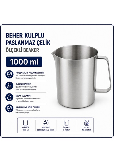 Beher Kulplu Paslanmaz Çelik 1000 Ml - Ölçekli Beaker
