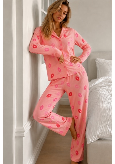 Fit Women Kadın Gömlek Yaka Uzun Kollu Pembe Pijama Takımı