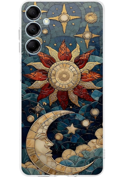 Printify Samsung Galaxy M15 İle Uyumlu Vitray Sol Ve Luna Tasarımlı Şeffaf Silikon Kılıf Şeffaf