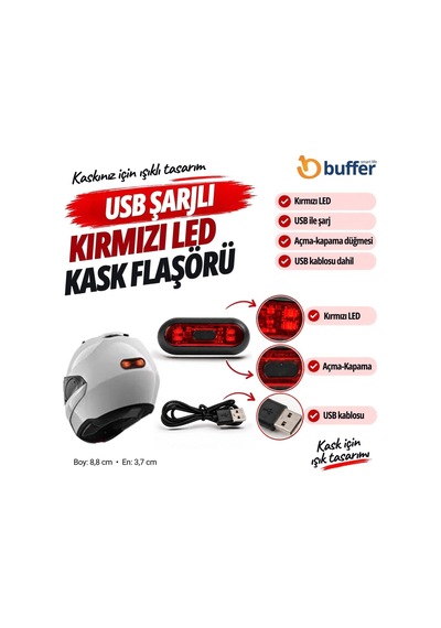 Buffer Usb Şarjlı Kırmızı Led Kask Flaşörü, Açma Kapama Düğmeli Siyah Oval Gövde, Usb Kablolu 8,8 X 3,7 Cm Kask Aydınlatma Işığı İndigo