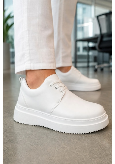 Mevese Ornex Erkek Deri Görünümlü Bağcıklı Casual Sneaker Klasik Günlük Ayakkabı - Beyaz