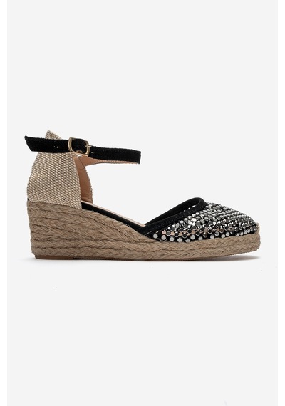 Luvi Shoes Drelıx Siyah Süet Hakiki Deri Taş Detaylı Fileli Kadın Dolgu Topuklu Sandalet