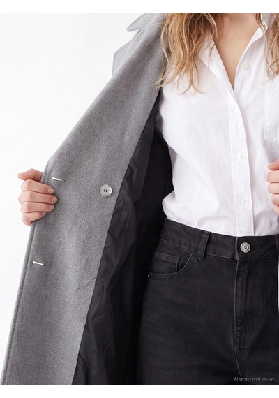 Lcw Vision Gri Kruvaze Yaka Oversize Kadın Kaşe Kaban