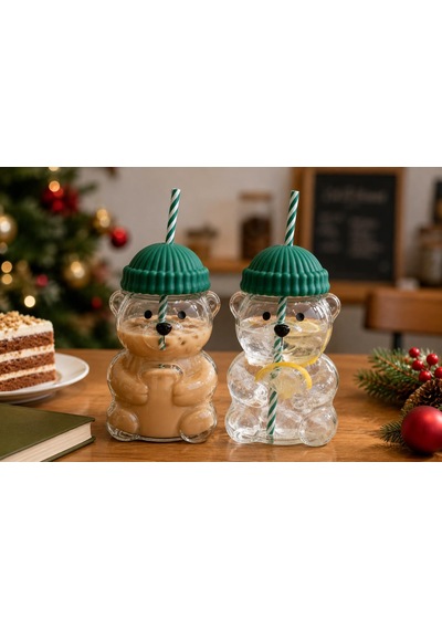 Orret Home 580 Ml Ayıcık Desenli Cam Bardak Pipetli Silikon Kapak Şeffaf Cam