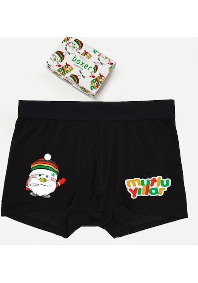 Erkek Yılbaşı Hediyesi Siyah Mutlu Yıllar Boxer Siyah