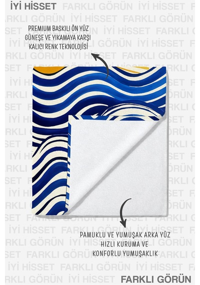 Güneş Deniz Temalı Modern Plaj Havlusu-marine Dalga Çizgili Sarı Mavi Hızlı Kuruyan Mikrofiber Havlu Sakin Melisa