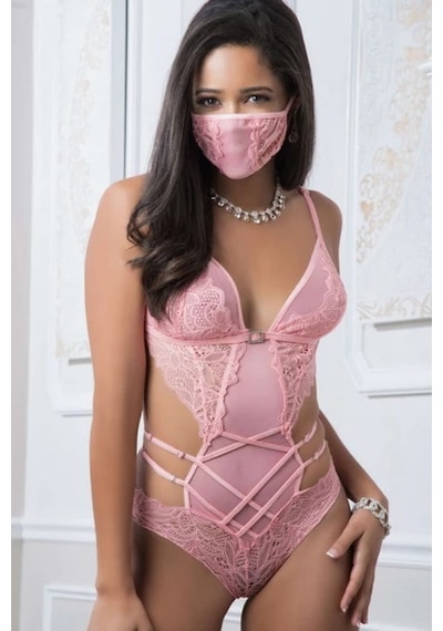 New Dreams Modern Tarz Dantelli Şık Elegant Tasarım Lacivert Jartiyer Gecelik Set Pembe