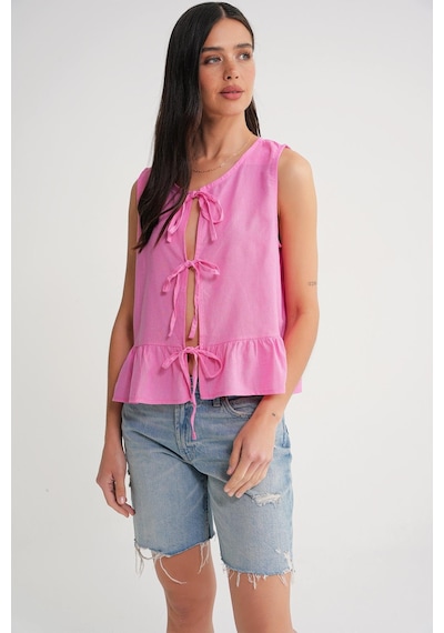 Mixray 4717 Kadın Önü Bağcıklı Fırfırlı Kolsuz Keten Bluz Pembe