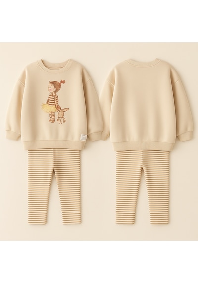 Kız Çocuk Balerin 3d Tütü Aplike Detaylı Sweatshirt Çizgili Tayt Alt Üst Takım KREM