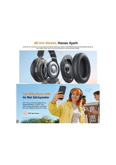 H2s Lite 6.0 Bluetooth Kulaklık Enc Net Çağrı - Çift Cihaz 40 Mm Dinamik Sürücü - 60 Saat Dinle Siyah