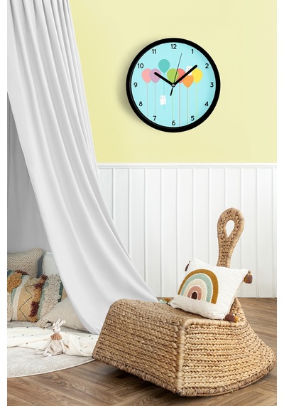 Renkli Balonlar Çocuk Odası Modern Duvar Saati - 25cm - Önü Camlı Siyah Kasa - Sessiz Mekanizma-jh0249 Siyah