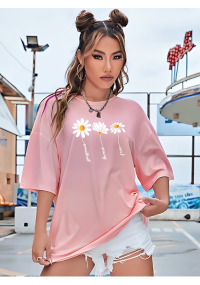 Papatyalar Baskılı T-shirt - Pembe Baskılı Oversize Bisiklet Yaka Kısa Kol Tişört Pembe
