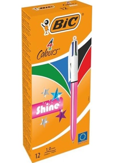 4 Colours Shine Pembe Gövde Tükenmez Kalem 12'li Kutu, 4 Renk Mavi, Siyah,yeşil Ve Kırmızı , 1.0 Mm. Uç -