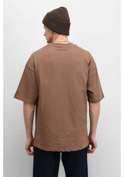 Vamos Basic Oversize Bisiklet Yaka Tişört Kahve