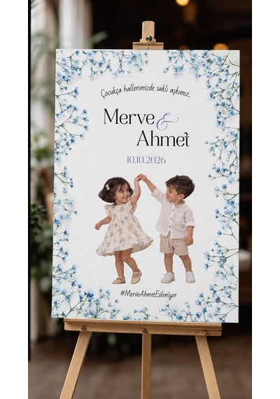 Mavi Çiçekli Fotoğraflı Düğün Karşılama Panosu - Kanvas Tablo