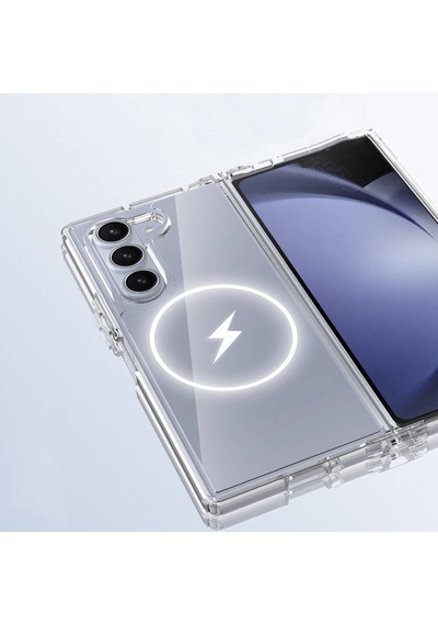Vendas Galaxy Uyumlu Z Fold 6 Kılıf M-safe Şarj Özellikli Şeffaf Sert Pc Zore Embos Kapak + Kamera Lens + Nano Ekran Koruyucu Şeffaf