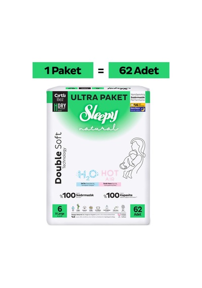 Natural Double Soft Ultra Paket Bebek Bezi 6 Numara Xlarge 62 Adet 6 Beden