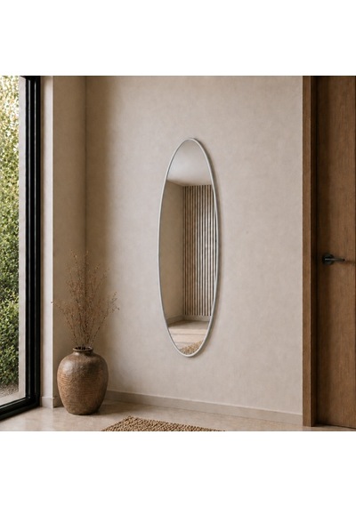 Modern Oval Boy Aynası 40x120 Cm İnce Çerçeveli Minimalist Dekoratif Duvar Aynası Gümüş
