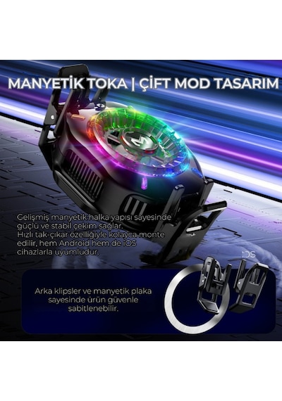 Polham Magsafe Ve Klipsli Süper Hızlı Telefon Soğutucu 5000rpm, Rgb Led, Dijital Isı Göstergeli