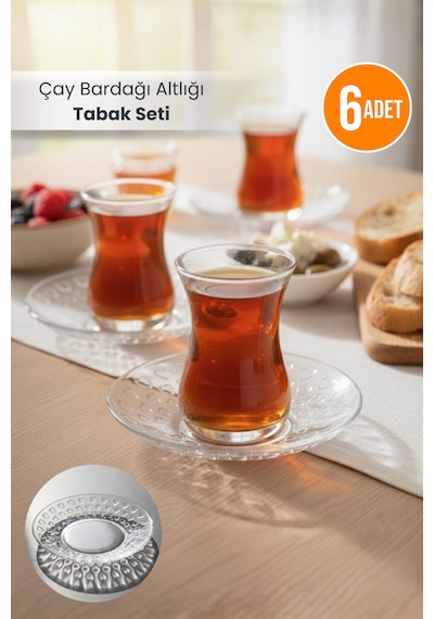 6'lı Çay Bardağı Altlığı Tabak Seti - Mika Kristal Çay Tabağı Şeffaf