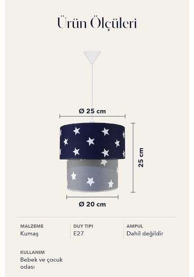 Şenay Aydınlatma Bebek Çocuk Odası İkili Silindir Kumaş Sarkıt Avize 25 cm Lacivert Gri Yıldız Şenay Aydınlatma Bebek Çocuk Odası İkili Silindir Kumaş Sarkıt Avize 25 cm Lacivert Gri Yıldız