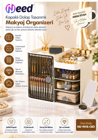 Need Kapaklı Dolap Tasarımlı 3 Çekmeceli Makyaj Organizeri Ve Takı Düzenleyici Krem/siyah Nd-9018-cbd