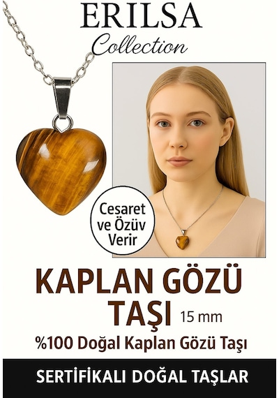 Erilsa Sertifikalı Kalp Model Mini Kaplan Gözü Kolye Cesaret, Odak Ve Çok Renkli