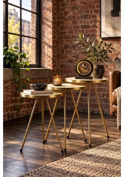 Odera Gold Krem Yuvarlak Zigon Sehpa 3'lü Set Metal Ayaklı Modern Salon Sehpası Diğer