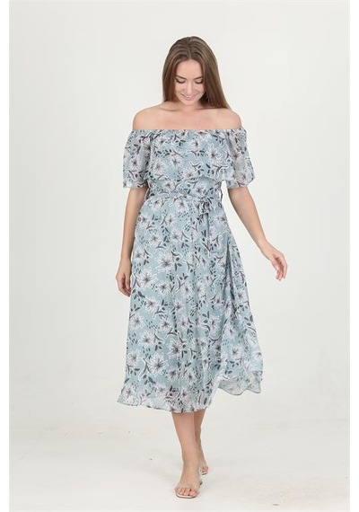 Neşeli Butik Kadın Madonna Yaka Kuşaklı Desenli Şifon Elbise Ry10037 Mint