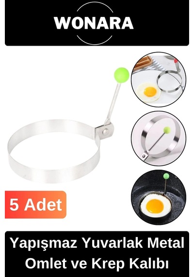 Premium Seri Yapışmaz Kaplamalı Dayanıklı Şık Tasarımlı Yuvarlak Metal Omlet Ve Krep Kalıbı 5 Adet