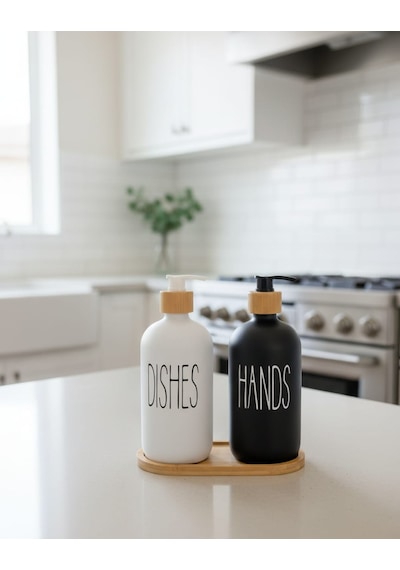 2'li Sıvı Sabun Ve Bulaşık Deterjanı Seti 500 Ml Hacimli Bambu Kapak Ve Ahşap Standlı Beyaz - Siyah