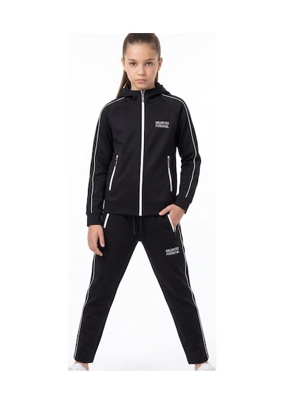 Pina Kids Kız Çocuk Unlimited Şeritli Kapüşonlu Düz Paça Reglan Kol Dalgıç Kumaş Eşofman Takımı Esf7013 siyah