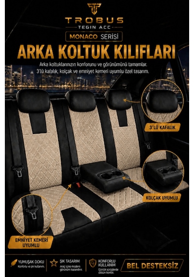 Vw Golf 7 Kasa 2013-2020 Uyumlu Monaco Serisi Eviza Deri Detaylı Bej Siyah Koltuk Kılıfı