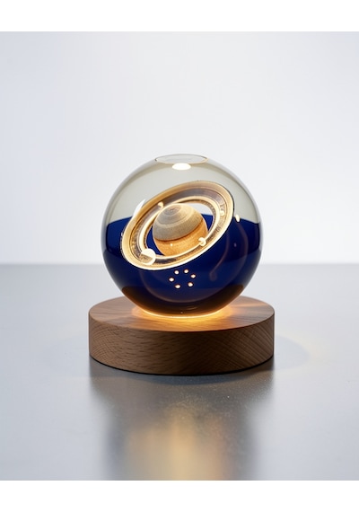 Satürn Desenli Kristal Küre Gece Lambası Ahşap Standlı Led Çok Renkli