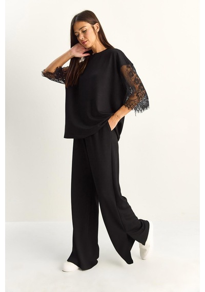 Shade Kadın Kolları Dantelli Oversize Basic T-shirt Beli Lastikli Bol Pantolon Alt-üst Modal Takım 4115 60286085 - Siyah