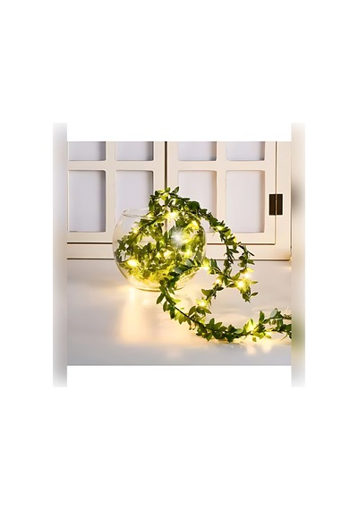 Dekoratif Sarmaşık Led Işıklı Şerit 7 Metre Yapay Yaprak + 5 Metre Peri Led Aydınlatma Yeşil
