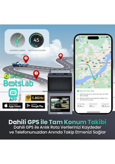 +360 Botslab G300H Plus WDR 4K UHD Ön+Arka WiFi+GPS 170° Geniş Açı Gece Görüşlü Araç İçi Kamera Dash