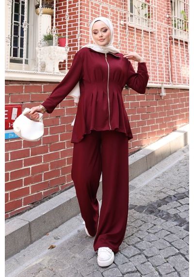 Balenbi Kadın Oversize Kesim Beli Pileli Ful Fermuarlı Modal Takım 1235 Bordo