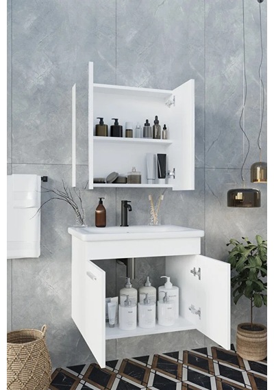 Banyo Defne 65 Cm Demonte Banyo Dolabı Aynalı Dolaplı Üst Dolap Lavabo Beyaz