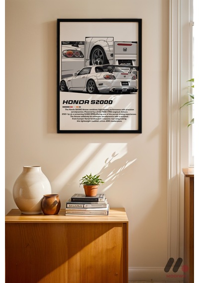 Honda S2000 Beyaz Jdm Poster, Siyah Çerçeveli Duvar Tablosu - Oto Severlere Özel Hediye