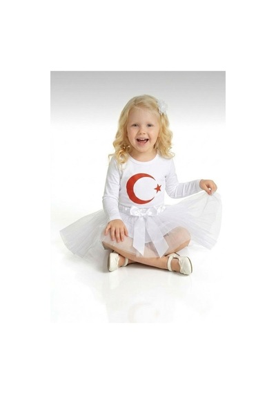 Nacar Store Kız Çocuk 23 Nisan 29 Ekim Gösteri Kıyafeti Ayyıldız Beyaz Uzunkol T-shirt Beyaz Tütü Etek Takım Beyaz-beyaz