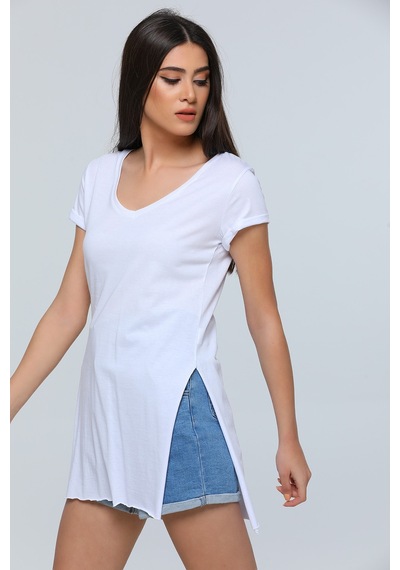 Winmoda34 Yırtmaçlı Tshirt Beyaz